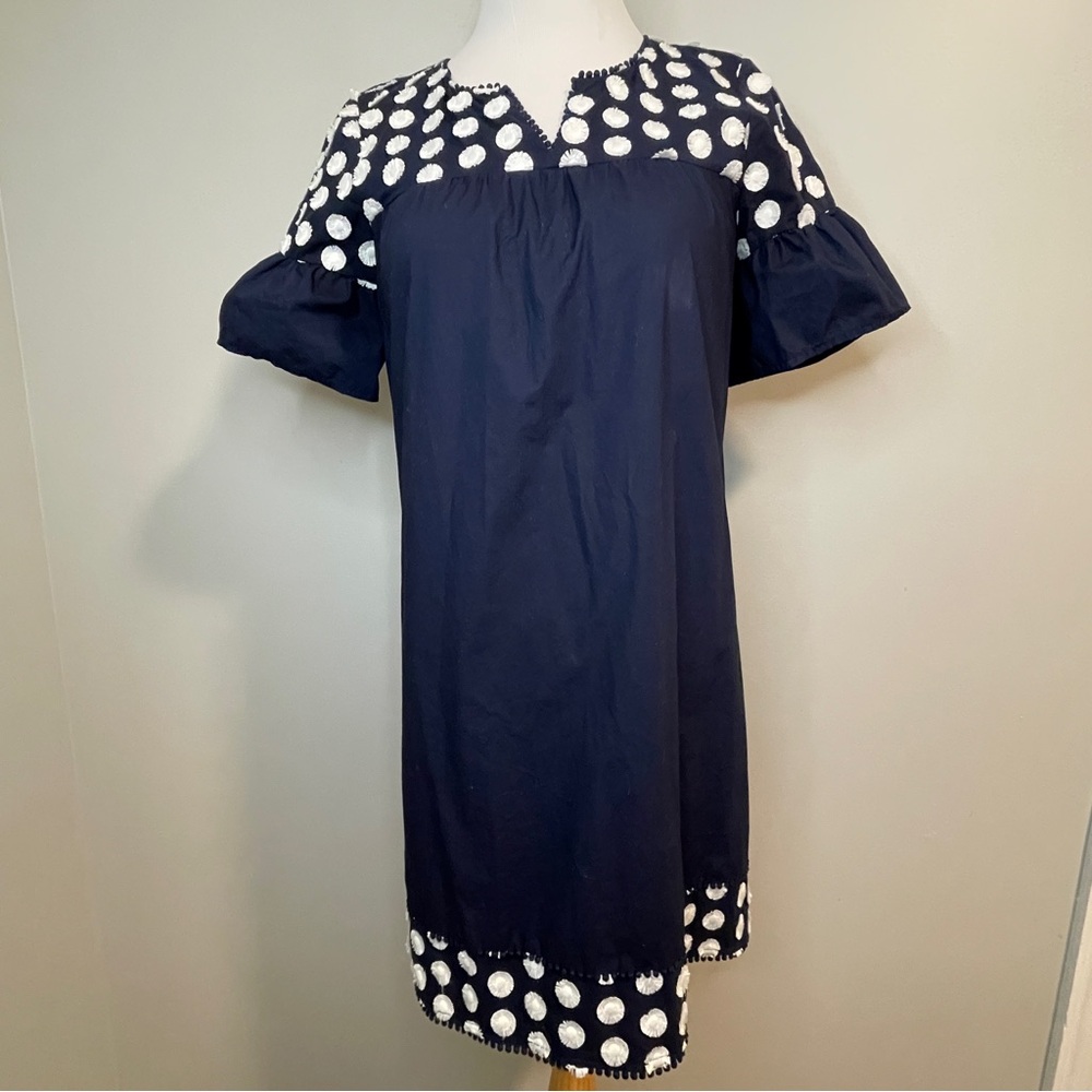 J Crew Navy Blue White embroidered dot Shift dress